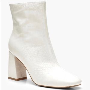 White Heeled Booties With Crocodile Texture